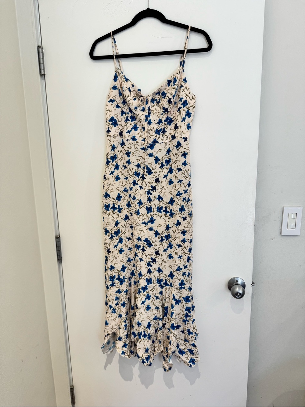 Women’s Blue Floral Slip Dress with Ruffle Hem. Size S. No size tag.
